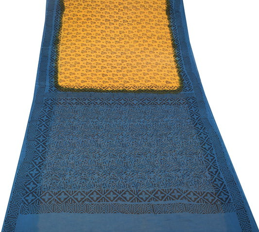 Sushila Vintage Yellow Saree Teal Blue Border Pallu Pure Cotton Printed Floral Sari Fabric
