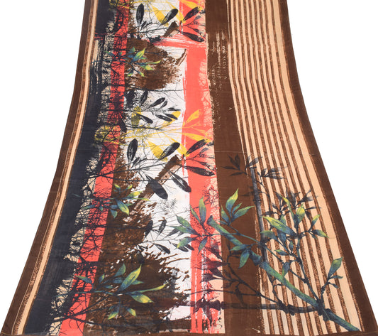 Sushila Vintage Brown Saree Pure Cotton Printed Leaves Soft Sari Craft Fabric