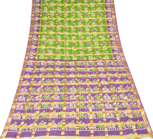 Sushila Vintage Green Saree Pure Cotton Ikat Print Checks Woven Sari Craft Fabric