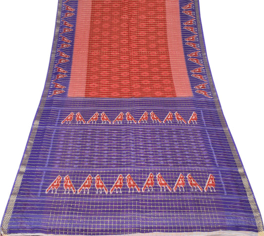 Sushila Vintage Red Blue Saree Pure Cotton Printed Ikat Birds Sari Craft Fabric