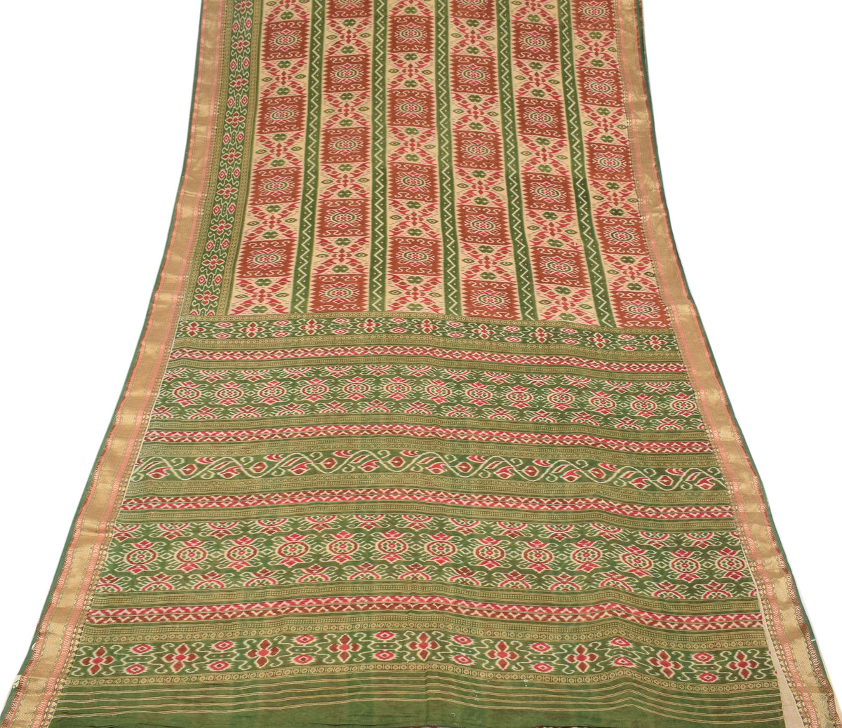 Sushila Vintage Geometric Ikat-Style Saree Pure Cotton Printed Green Sari Craft Fabric