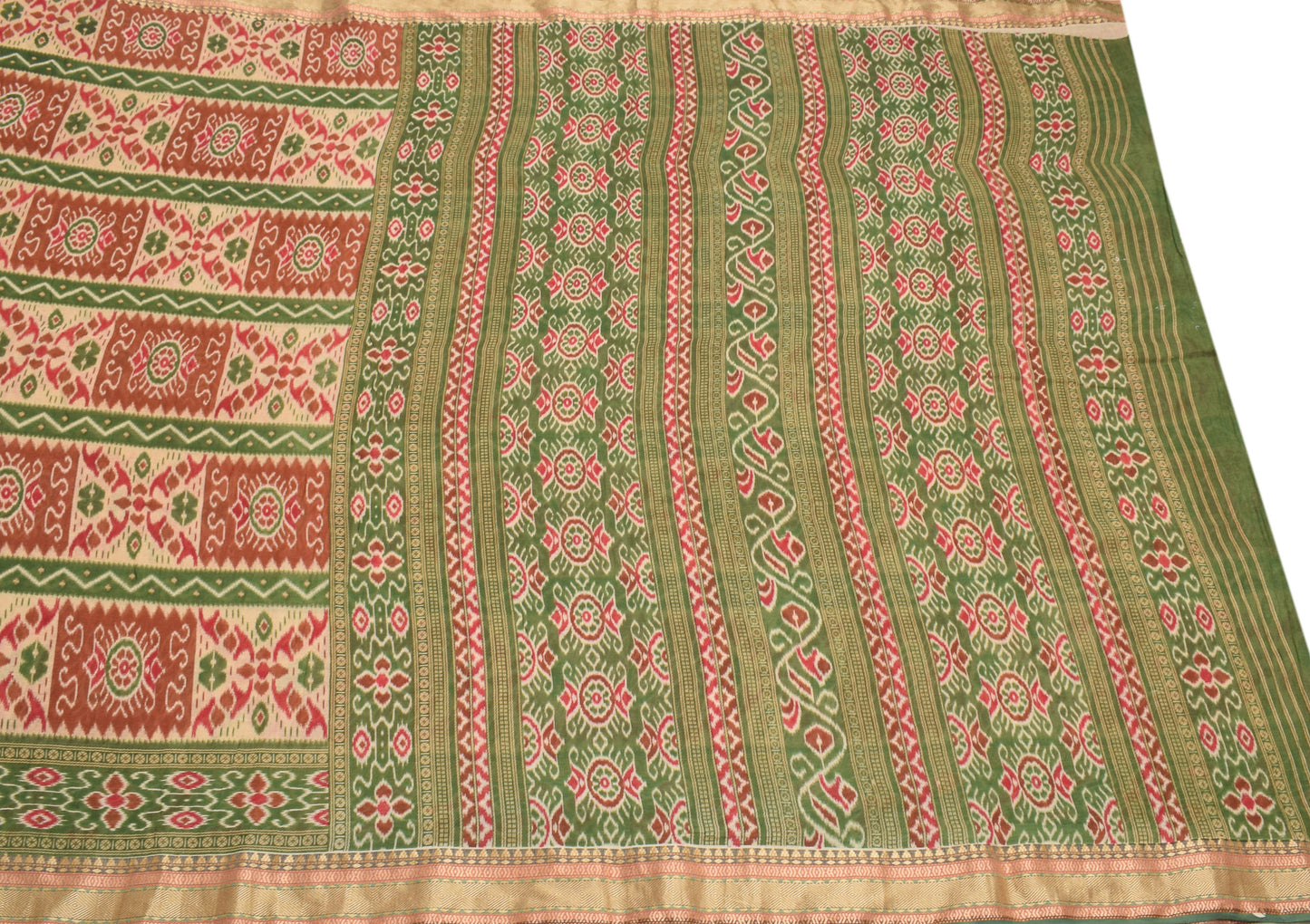 Sushila Vintage Geometric Ikat-Style Saree Pure Cotton Printed Green Sari Craft Fabric