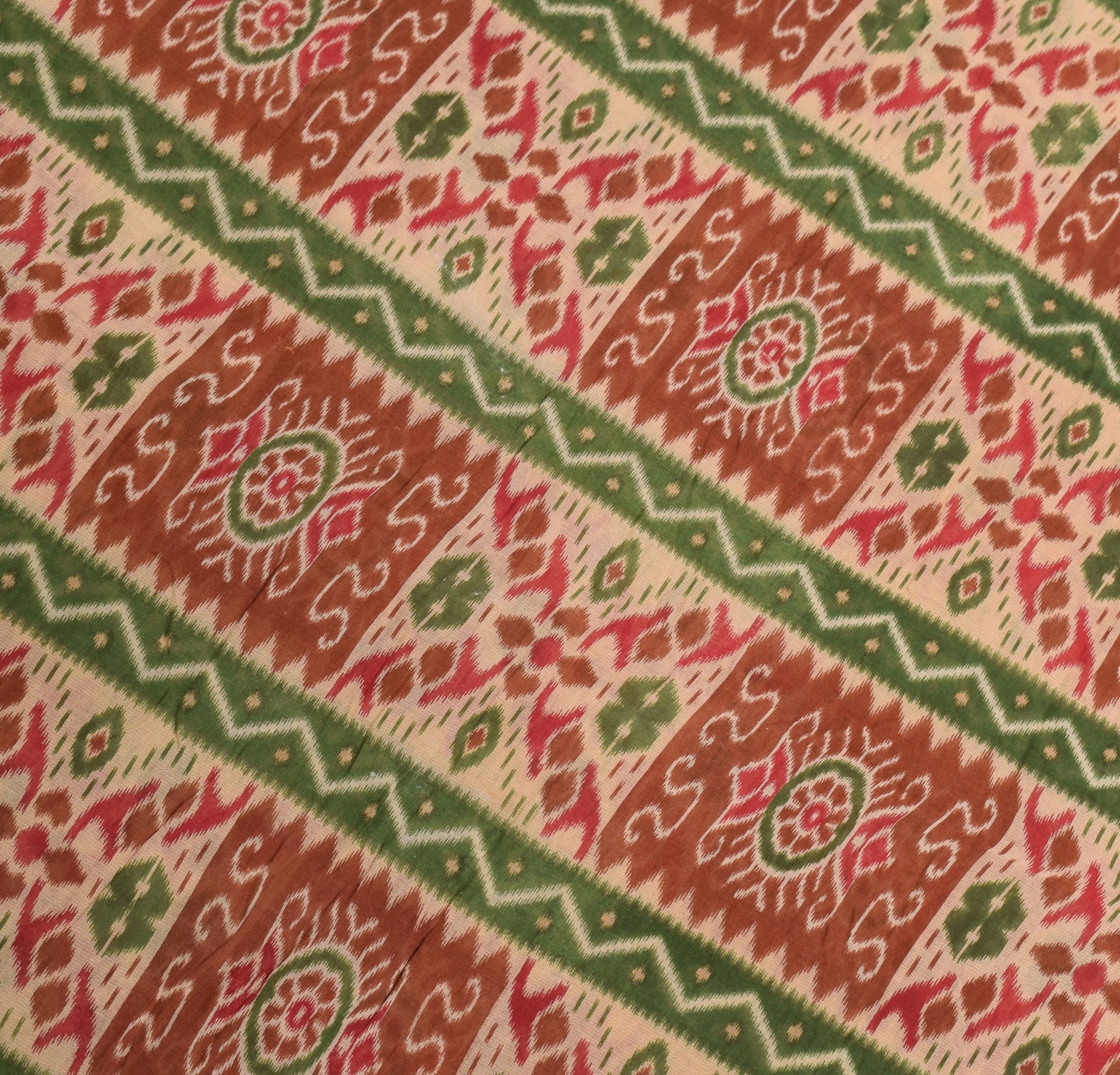 Sushila Vintage Geometric Ikat-Style Saree Pure Cotton Printed Green Sari Craft Fabric