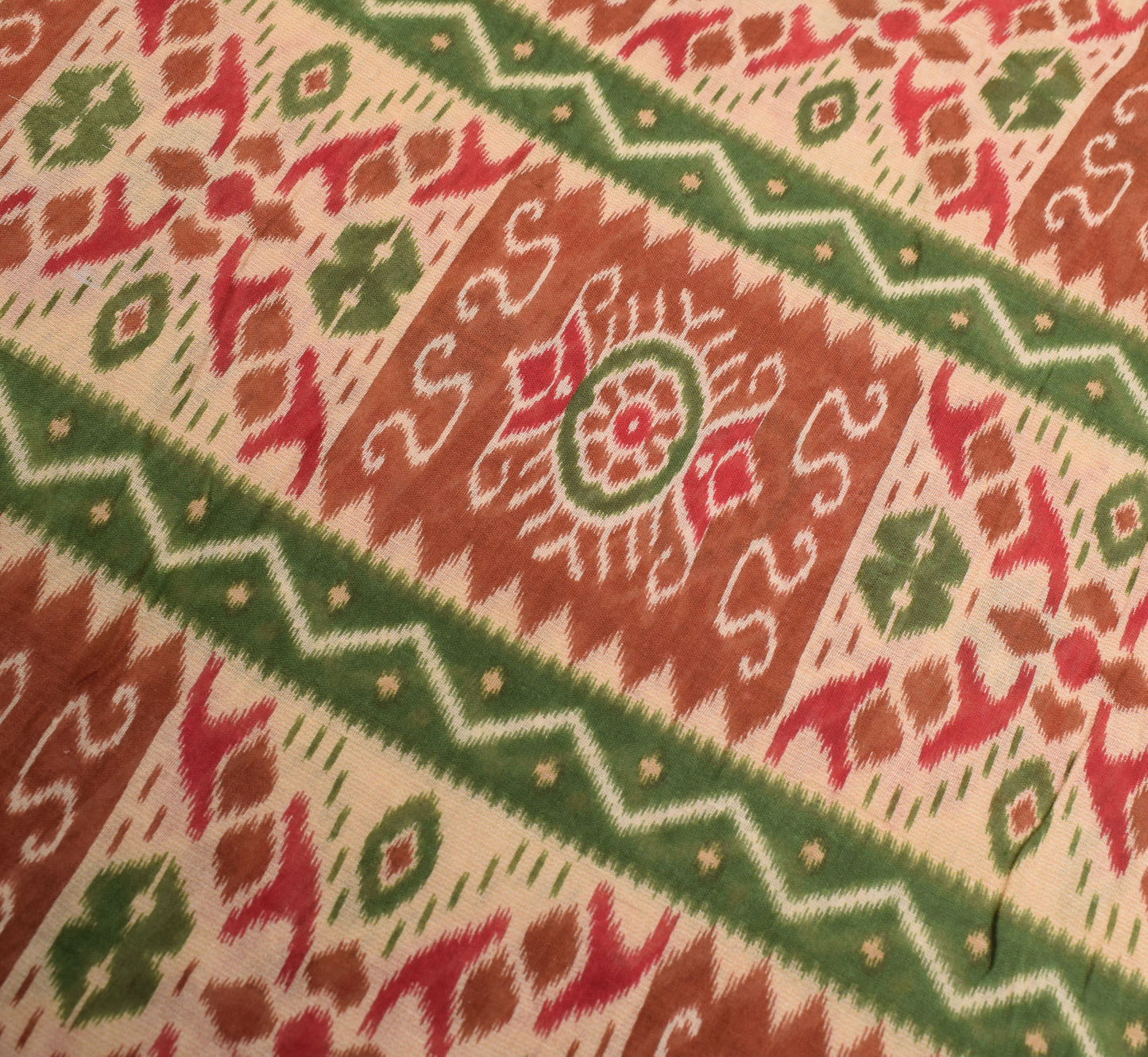 Sushila Vintage Geometric Ikat-Style Saree Pure Cotton Printed Green Sari Craft Fabric