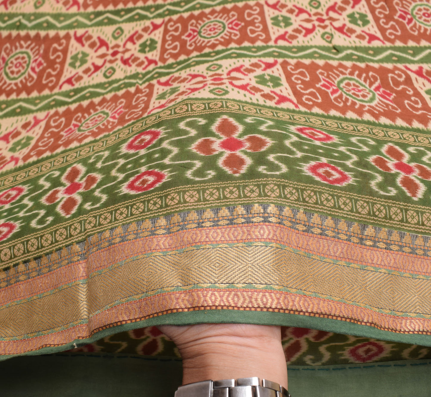 Sushila Vintage Geometric Ikat-Style Saree Pure Cotton Printed Green Sari Craft Fabric