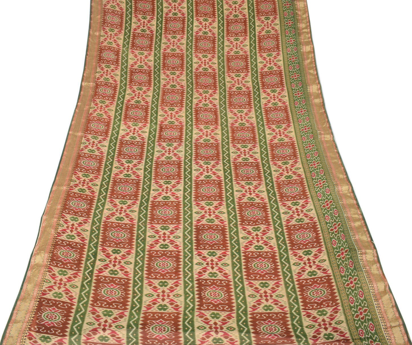 Sushila Vintage Geometric Ikat-Style Saree Pure Cotton Printed Green Sari Craft Fabric