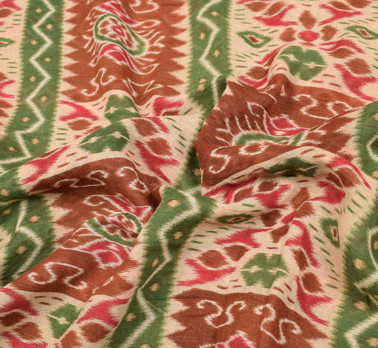 Sushila Vintage Geometric Ikat-Style Saree Pure Cotton Printed Green Sari Craft Fabric