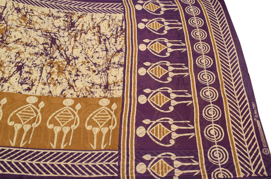 Sushila Vintage Beige Wine Saree Pure Cotton Printed Batik Soft Sari Craft Fabric