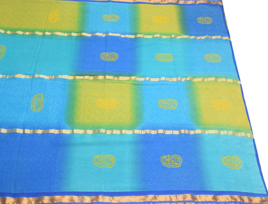 Sushila Vintage Blue Green Saree Pure Cotton Printed Geometrical Sari Soft Craft Fabric