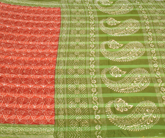 Sushila Vintage Rust Green Saree Pure Cotton Printed Paisley Soft Craft Fabric