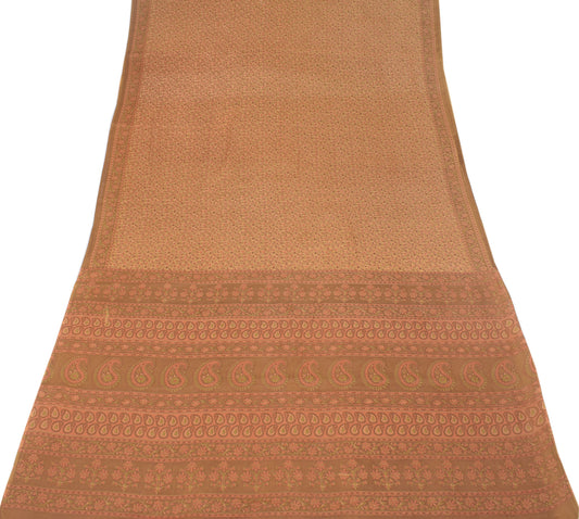 Sushila Vintage Soft Brown Saree Pure Cotton Printed Floral Sari Craft Fabric