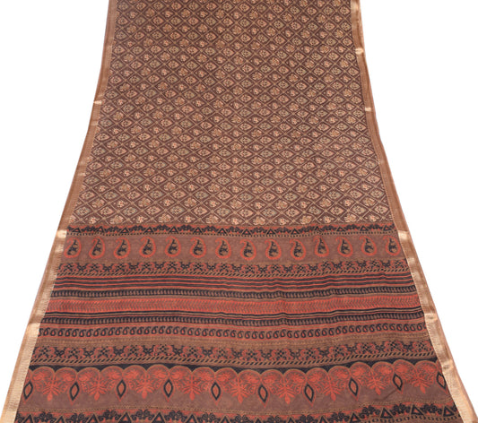 Sushila Vintage Brown Patola-Style Saree Pure Cotton Printed Animal Soft Craft Fabric