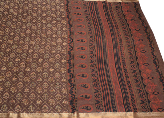 Sushila Vintage Brown Patola-Style Saree Pure Cotton Printed Animal Soft Craft Fabric