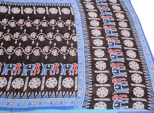Sushila Vintage Elephant Black Saree Pure Cotton Printed Soft Sari Craft Fabric