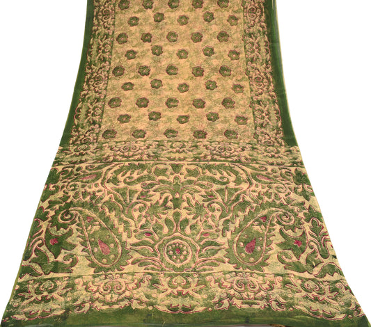 Sushila Vintage Beige Green Saree Pure Cotton Printed Floral Sari Craft Fabric