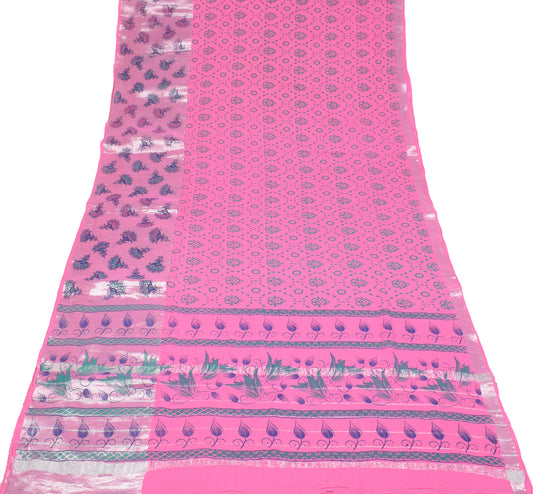 Sushila Vintage Pink Saree Pure Cotton Printed & Zari Woven Sari Craft Fabric