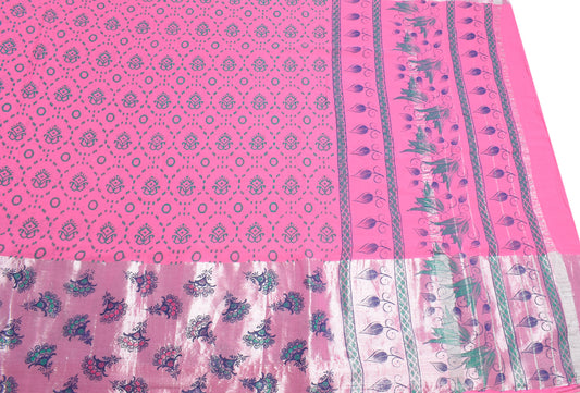 Sushila Vintage Pink Saree Pure Cotton Printed & Zari Woven Sari Craft Fabric