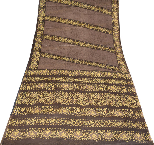 Sushila Vintage Batik Printed Saree Pure Cotton Brown Sari 5YD Craft Fabric