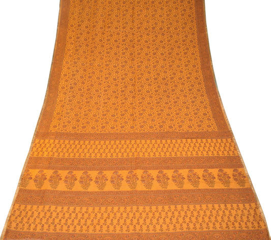 Sushila Vintage Art Cotton Silk Saree Hand Printed Mustard Sari Craft Fabric