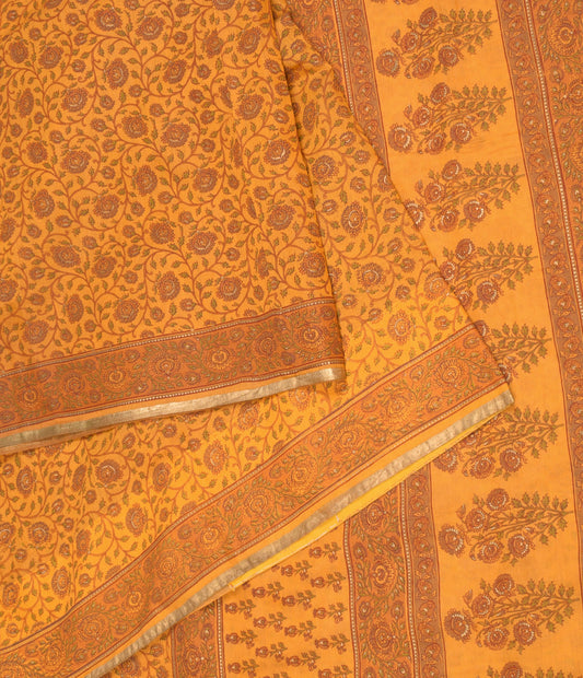 Sushila Vintage Art Cotton Silk Saree Hand Printed Mustard Sari Craft Fabric