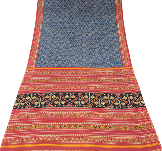 Sushila Vintage Steel Blue Saree Pure Cotton Ikat Printed Soft Sari Craft Fabric