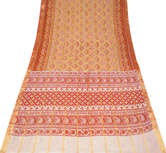 Sushila Vintage Printed Floral Saree Pure Cotton Mustard Sari Soft Craft Fabric