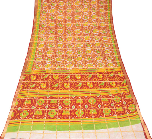 Sushila Vintage Red Saree Pure Cotton Printed  Patola-Style Ikat Sari Craft Fabric