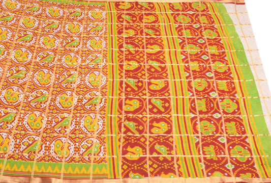 Sushila Vintage Red Saree Pure Cotton Printed  Patola-Style Ikat Sari Craft Fabric