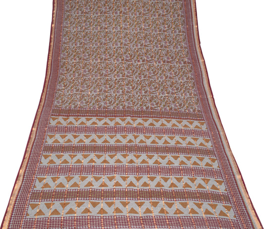 Sushila Vintage Gray Saree Pure Cotton Printed & Woven Sari Craft Fabric