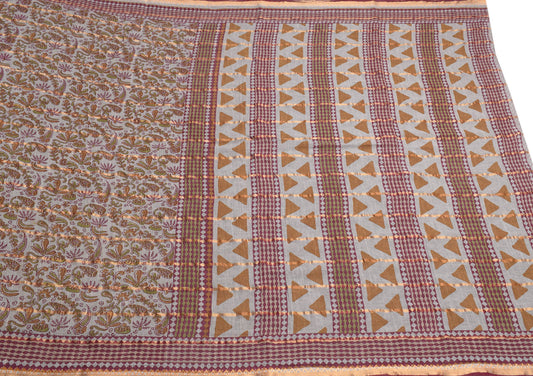 Sushila Vintage Gray Saree Pure Cotton Printed & Woven Sari Craft Fabric
