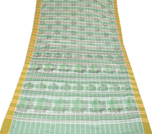 Sushila Vintage Green Saree Art Cotton Printed Paisley Sari 6YD Craft Fabric