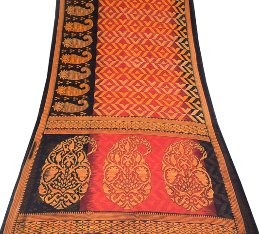 Sushila Vintage Red Saree Pure Cotton Printed Geometric Sari Craft Fabric