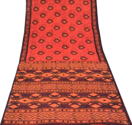 Sushila Vintage Batik Print Red Saree Pure Cotton 5YD Indian Sari Soft Craft Fabric