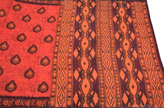 Sushila Vintage Batik Print Red Saree Pure Cotton 5YD Indian Sari Soft Craft Fabric