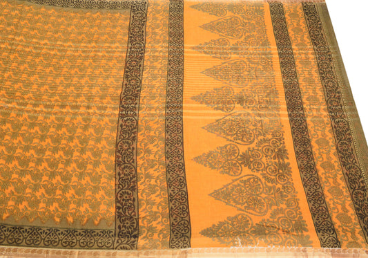 Sushila Vintage Pure Cotton Saree Floral Printed Yellow Sari Craft Fabric