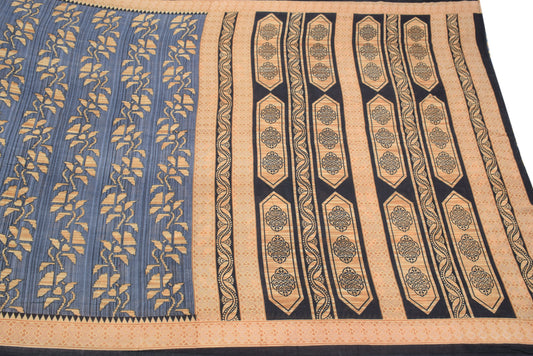 Sushila Vintage Grayish Blue Saree Pure Cotton Printed Floral Sari Craft Fabric