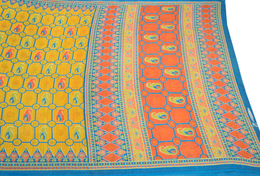 Sushila Vintage Yellow Saree Pure Cotton Printed Geometrical Sari Craft Fabric