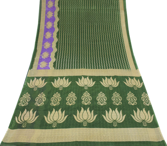 Sushila Vintage Laheriya Saree Pure Cotton Printed Green Sari Soft Craft Fabric