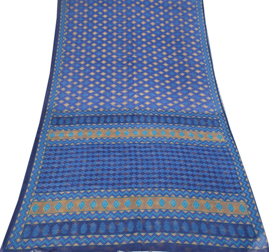 Sushila Vintage Blue Geometrical Saree Pure Cotton Printed Sari Craft Fabric