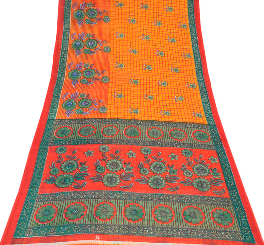 Sushila Vintage Yellow Red Saree Pure Cotton Printed Sari Floral Craft Fabric