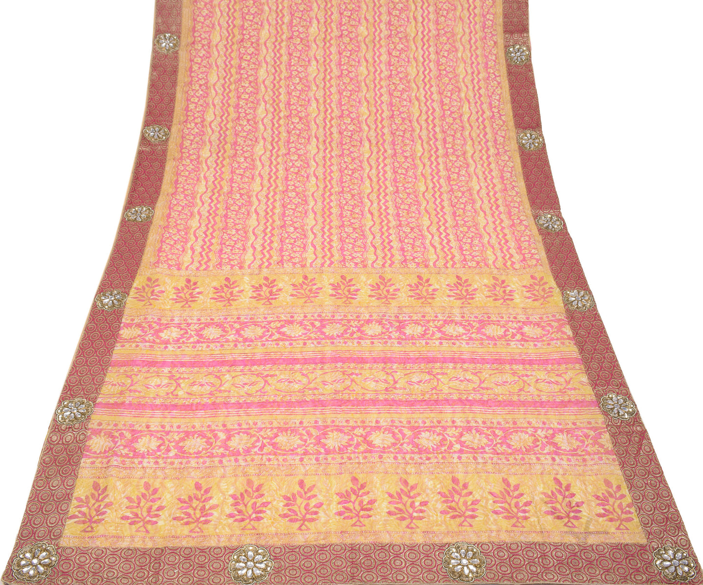 Sushila Vintage Stone Work Saree Pure Georgette Silk Pink Floral Hand Block Fabric