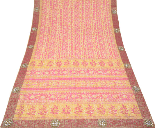 Sushila Vintage Stone Work Saree Pure Georgette Silk Pink Floral Hand Block Fabric