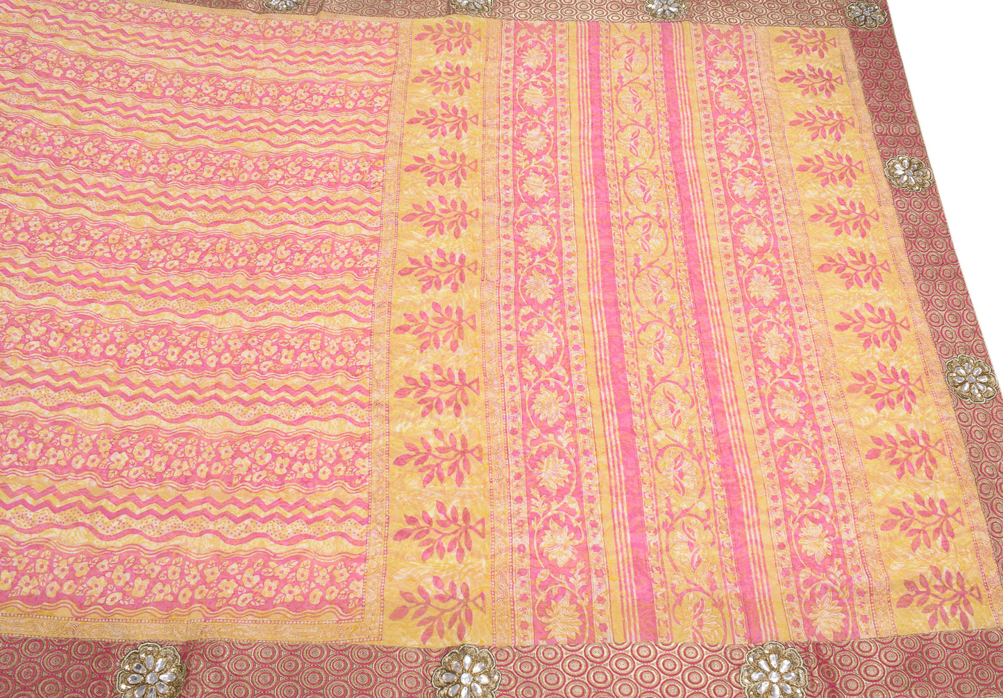 Sushila Vintage Stone Work Saree Pure Georgette Silk Pink Floral Hand Block Fabric