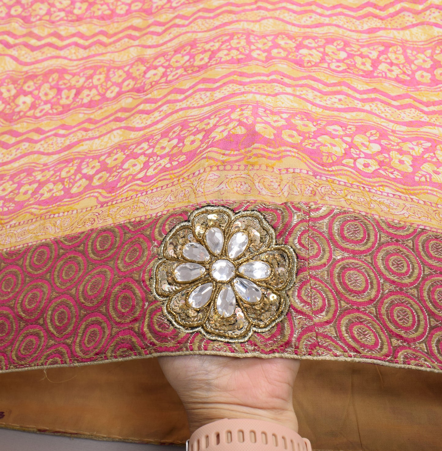 Sushila Vintage Stone Work Saree Pure Georgette Silk Pink Floral Hand Block Fabric