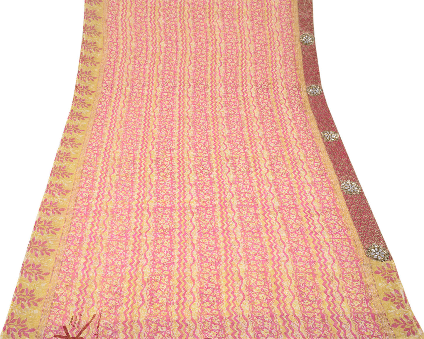 Sushila Vintage Stone Work Saree Pure Georgette Silk Pink Floral Hand Block Fabric