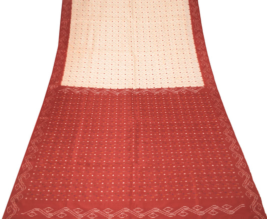 Sushila Vintage Cream Maroon Saree Hand Woven Ikat Pure Silk Sari Soft Fabric