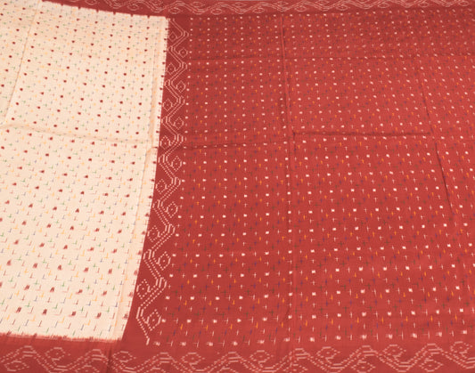 Sushila Vintage Cream Maroon Saree Hand Woven Ikat Pure Silk Sari Soft Fabric