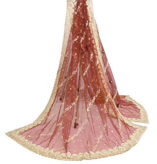 Sushila Vintage Maroon Indian Dupatta Net Mesh Hand Beaded Floral Long Stole Veil