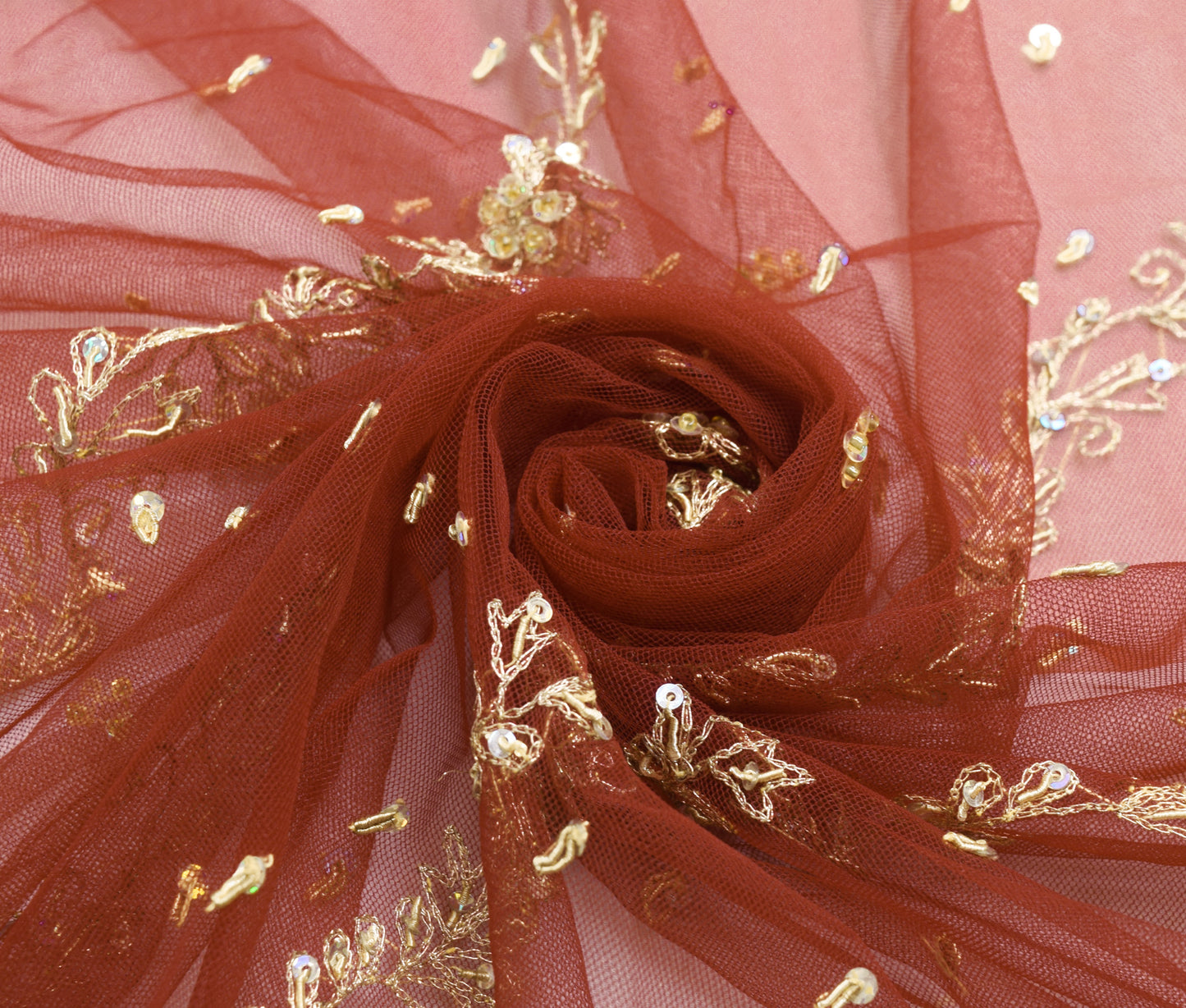 Sushila Vintage Maroon Indian Dupatta Net Mesh Hand Beaded Floral Long Stole Veil
