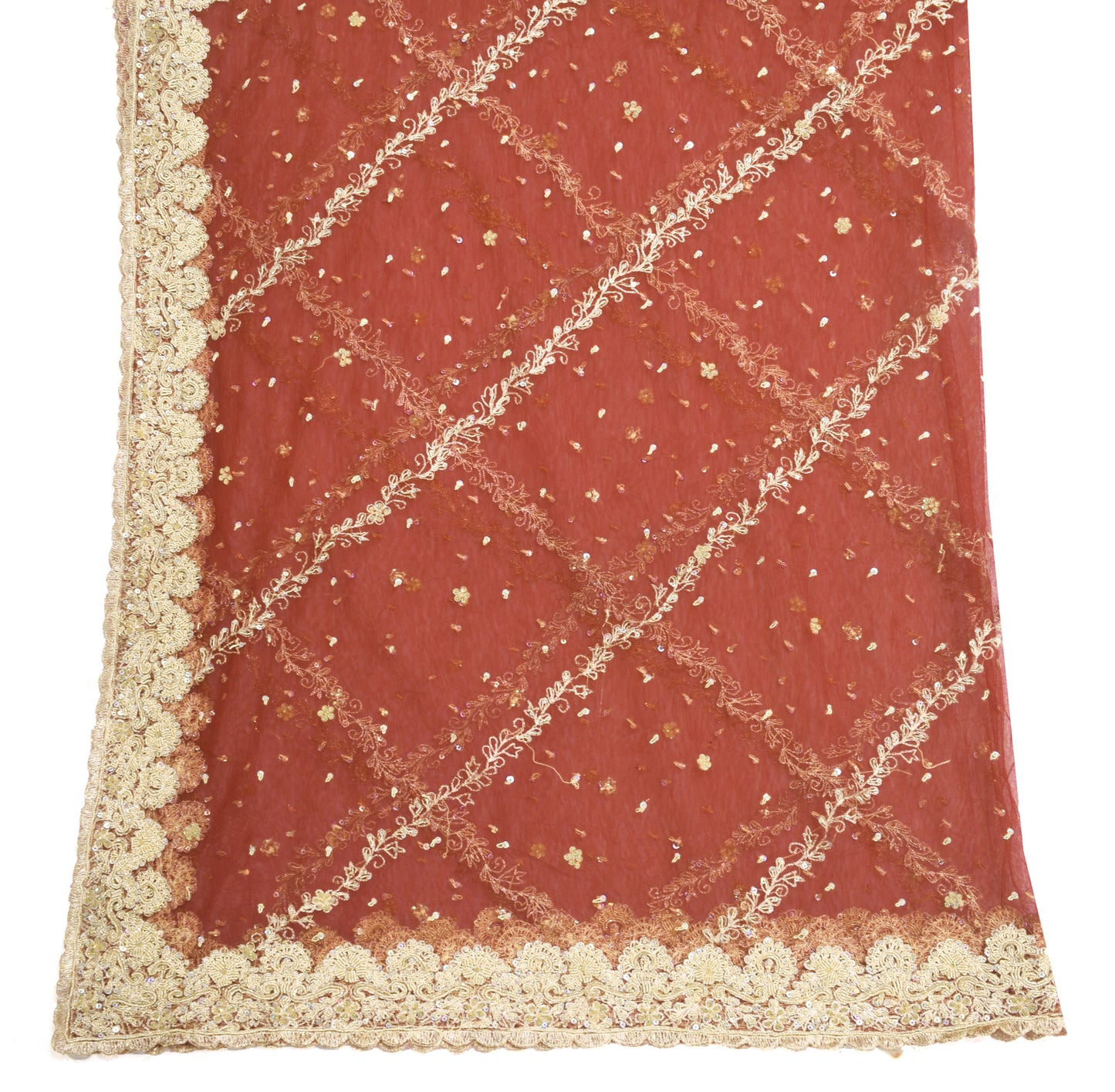Sushila Vintage Maroon Indian Dupatta Net Mesh Hand Beaded Floral Long Stole Veil